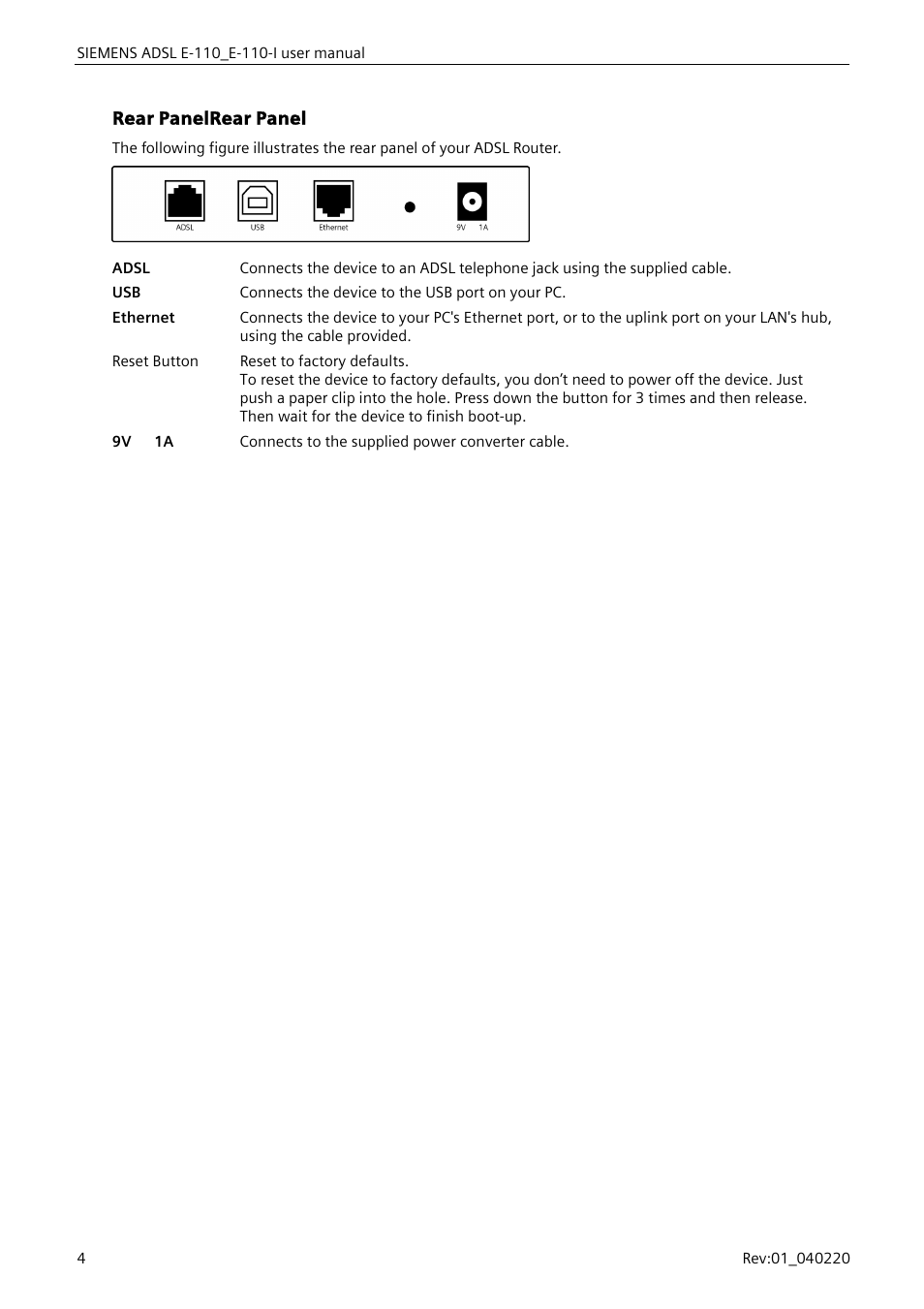 Rear panelrear panel | Siemens E-110-I User Manual | Page 10 / 90