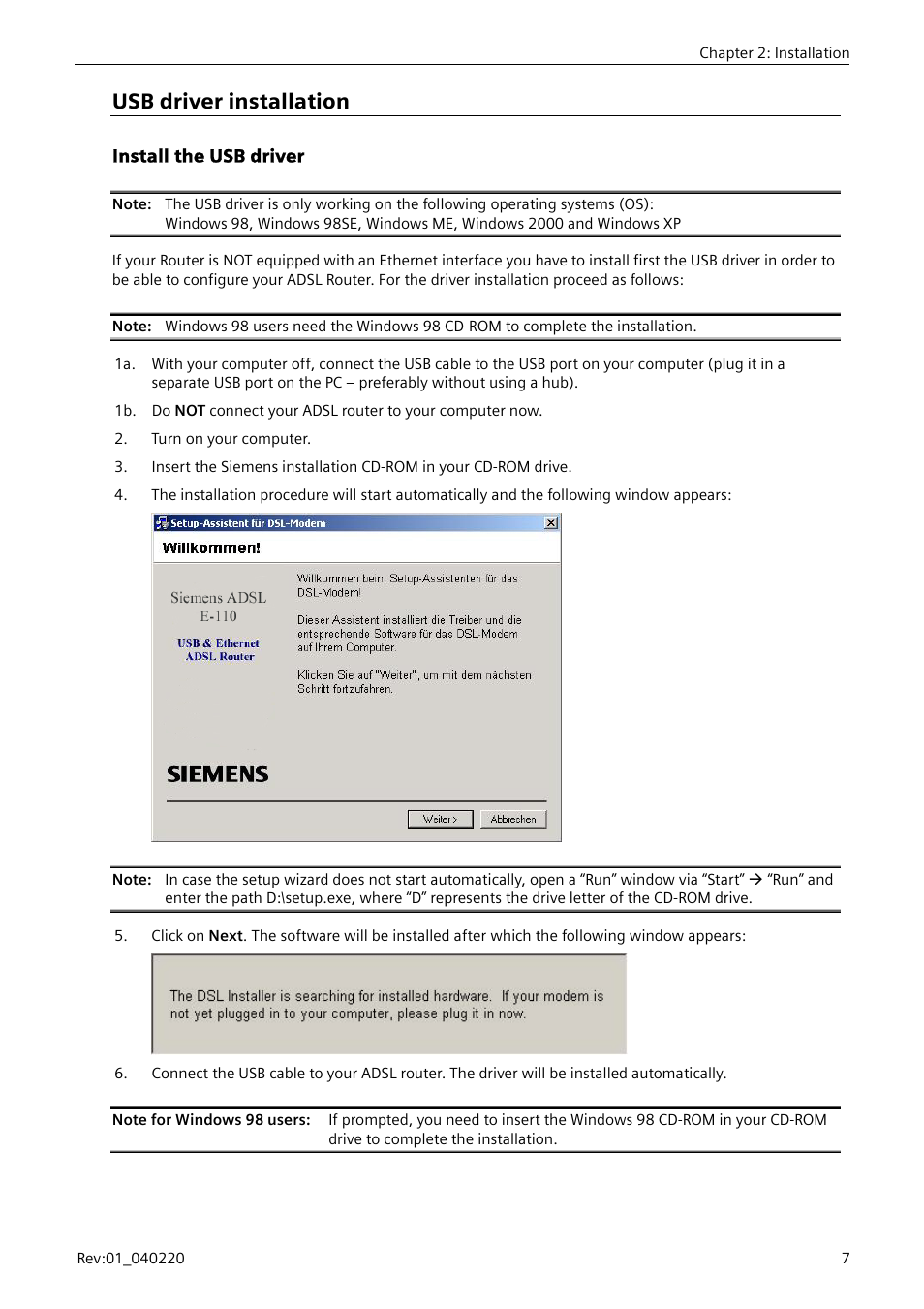 Usb driver installation, Install the usb driver | Siemens E-110-I User Manual | Page 13 / 90