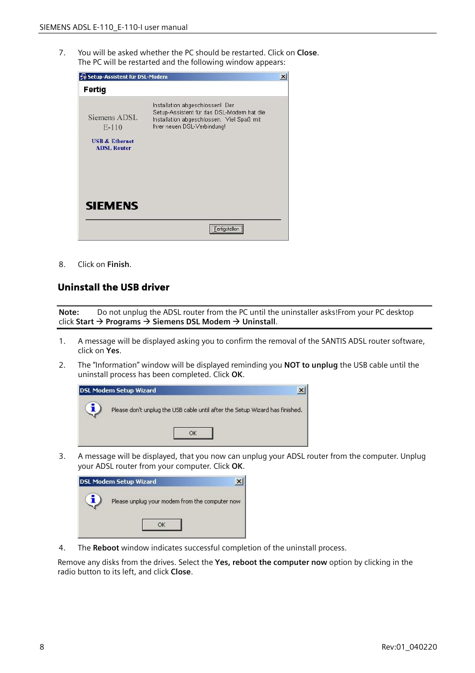 Uninstall the usb driver | Siemens E-110-I User Manual | Page 14 / 90