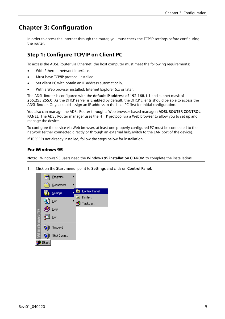 Chapter 3: configuration, Step 1: configure tcp/ip on client pc, For windows 95 | Siemens E-110-I User Manual | Page 15 / 90