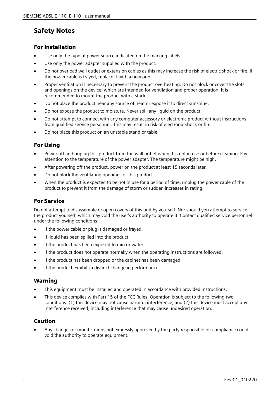 For installation, For using, For service | Warning, Caution | Siemens E-110-I User Manual | Page 2 / 90