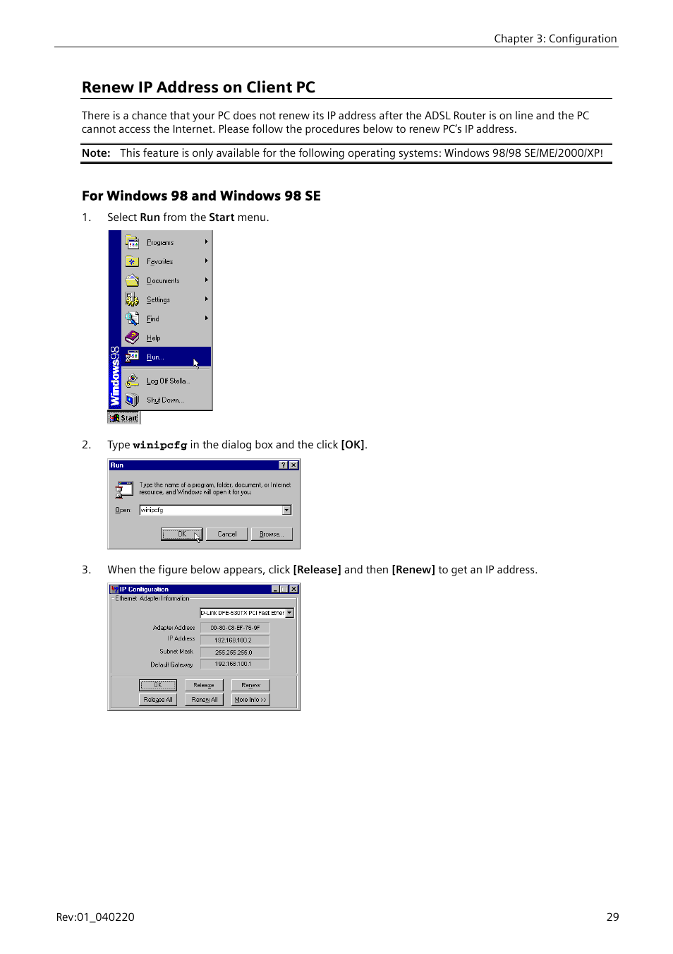 Renew ip address on client pc, For windows 98 and windows 98 se | Siemens E-110-I User Manual | Page 35 / 90
