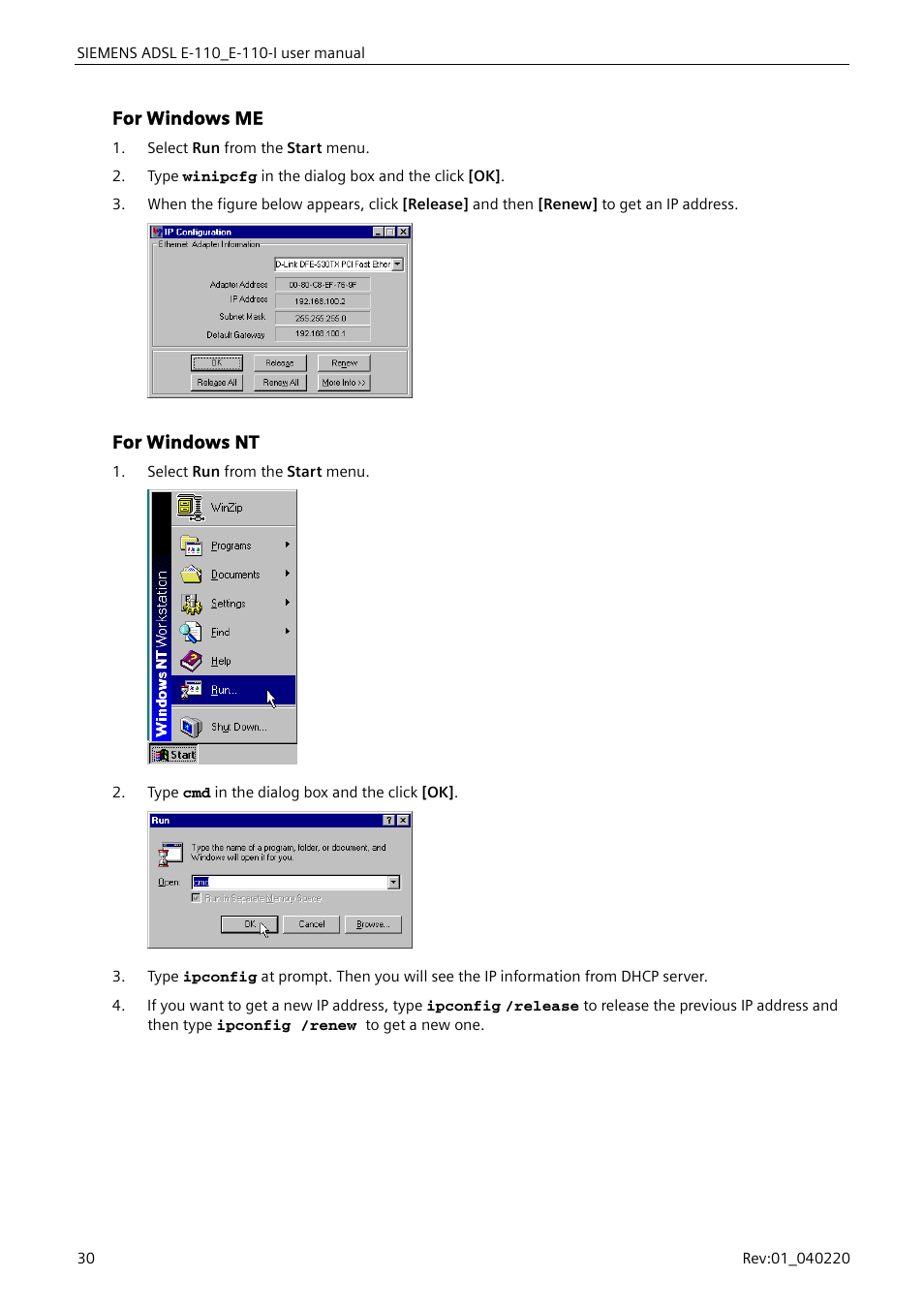 For windows me, For windows nt | Siemens E-110-I User Manual | Page 36 / 90