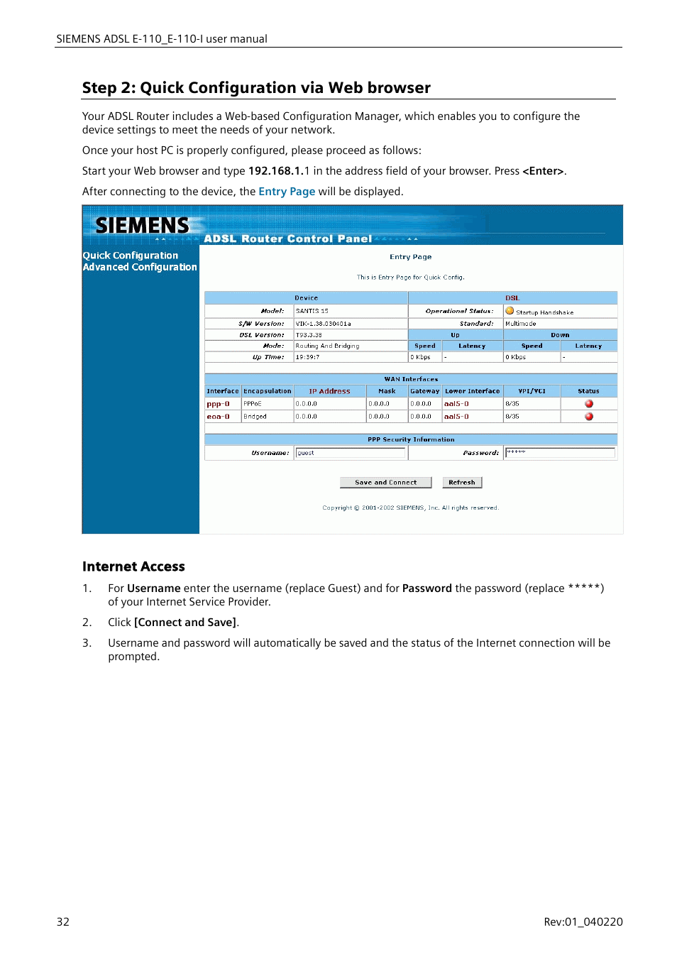 Step 2: quick configuration via web browser, Internet access | Siemens E-110-I User Manual | Page 38 / 90