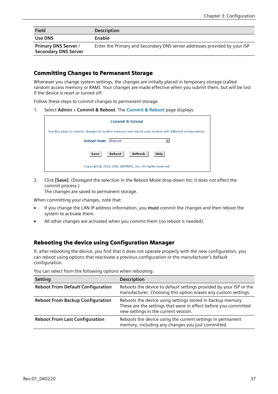 Committing changes to permanent storage, Rebooting the device using configuration manager | Siemens E-110-I User Manual | Page 43 / 90