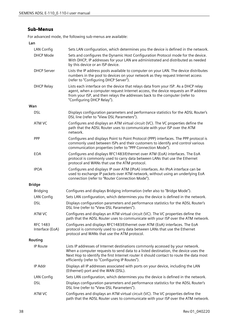 Sub-menus | Siemens E-110-I User Manual | Page 44 / 90