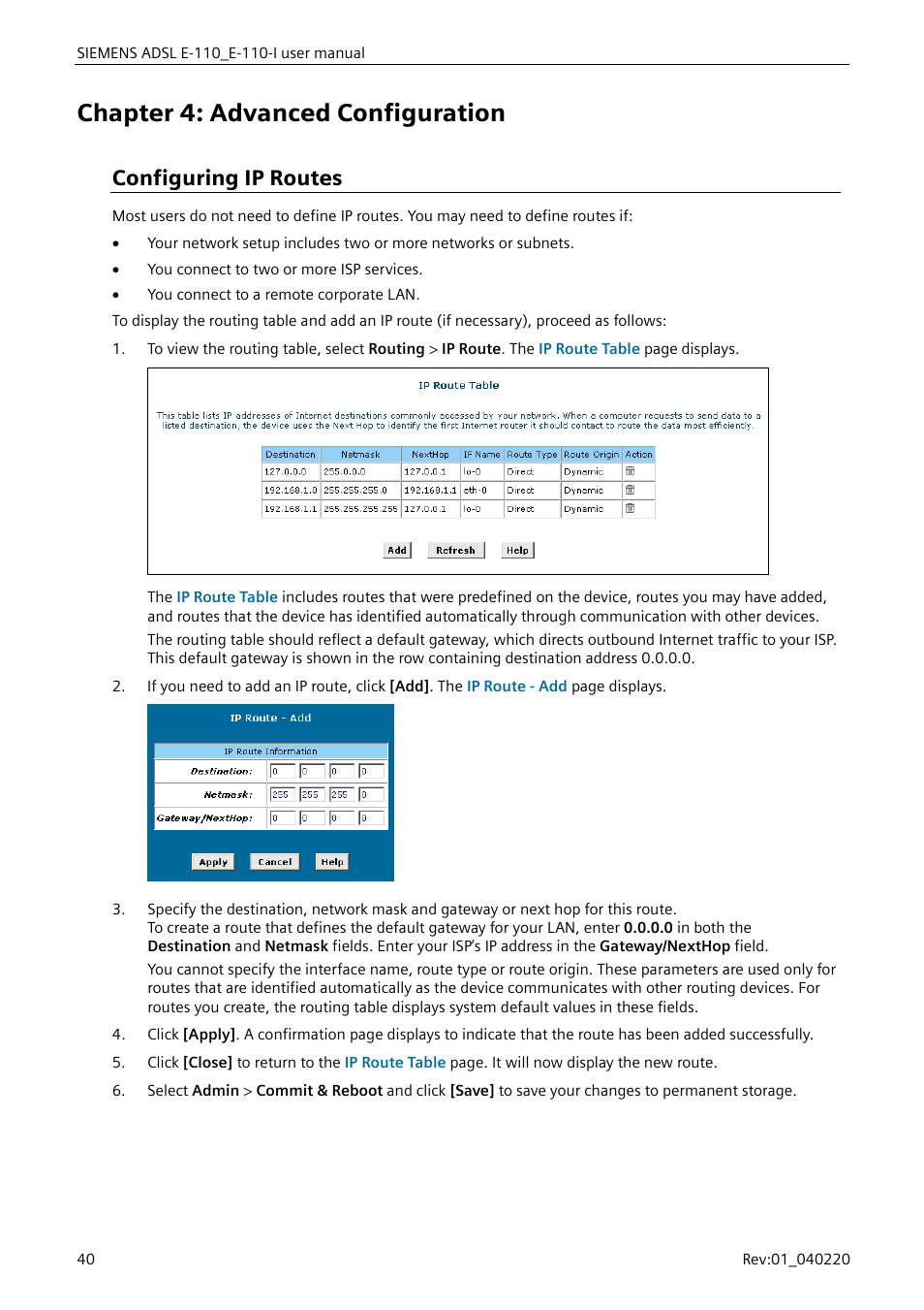 Chapter 4: advanced configuration, Configuring ip routes, To “configuring ip routes”) | Siemens E-110-I User Manual | Page 46 / 90