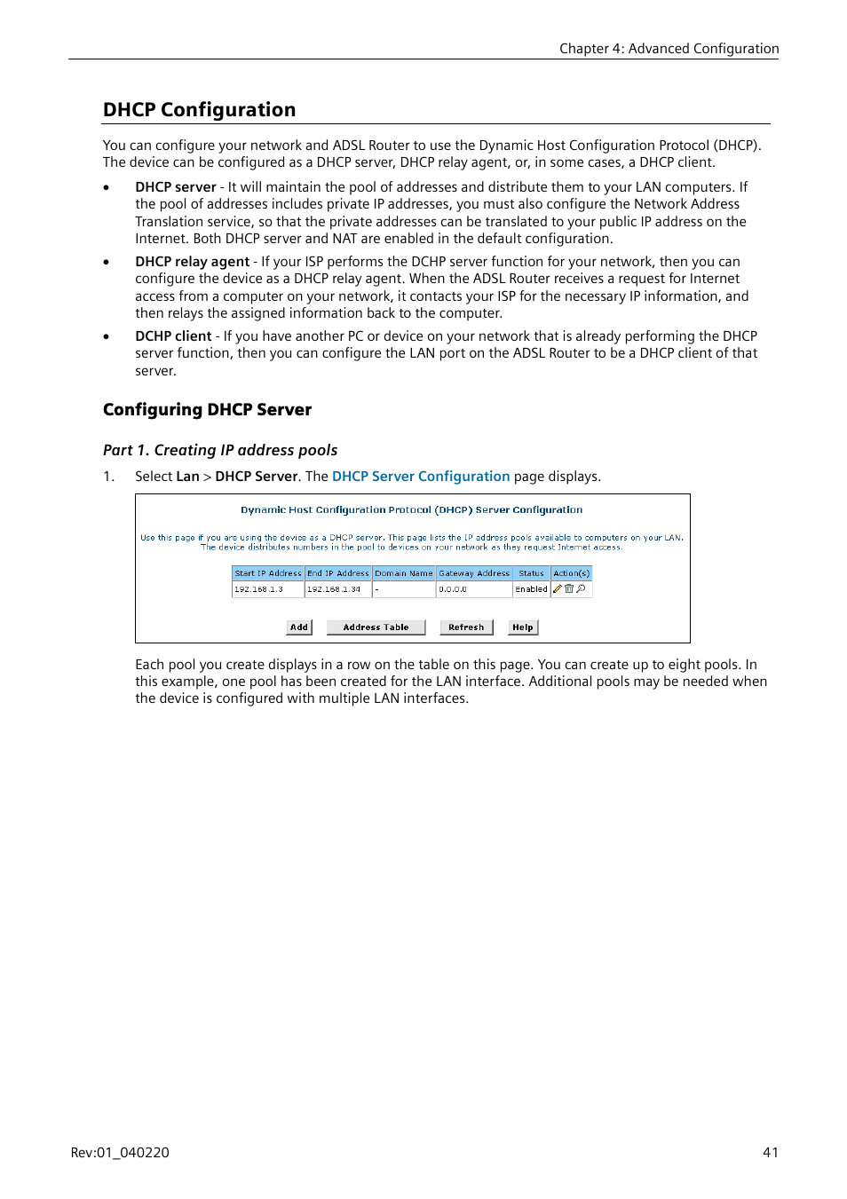 Dhcp configuration, Configuring dhcp server, Part 1. creating ip address pools | Er to “configuring dhcp server”) | Siemens E-110-I User Manual | Page 47 / 90