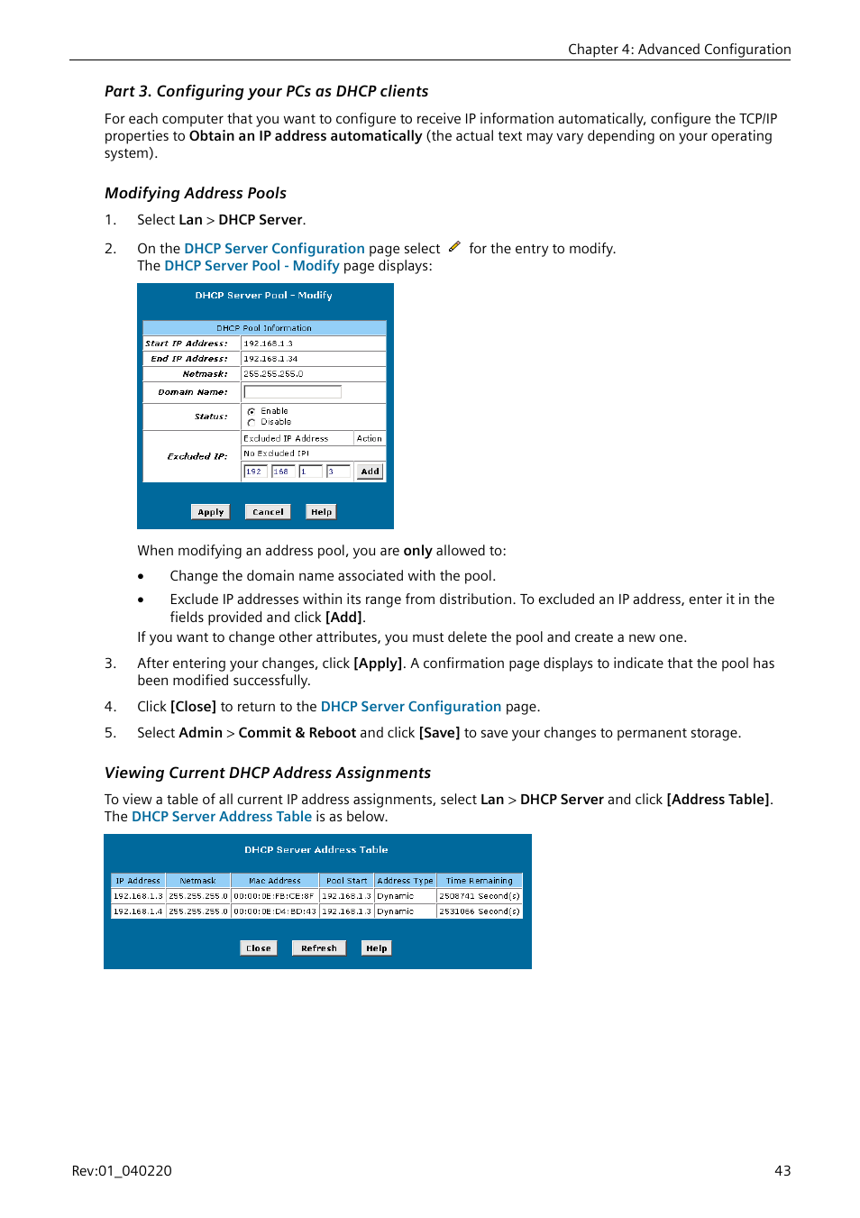 Part 3. configuring your pcs as dhcp clients, Modifying address pools, Viewing current dhcp address assignments | Siemens E-110-I User Manual | Page 49 / 90