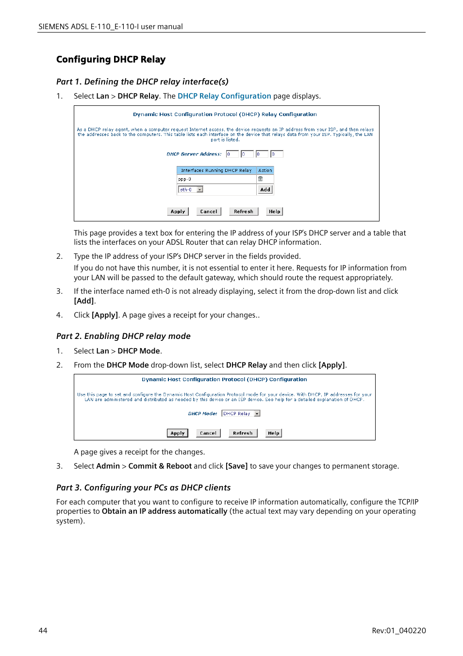 Configuring dhcp relay, Part 1. defining the dhcp relay interface(s), Part 2. enabling dhcp relay mode | Part 3. configuring your pcs as dhcp clients, Configuring dhcp relay”) | Siemens E-110-I User Manual | Page 50 / 90