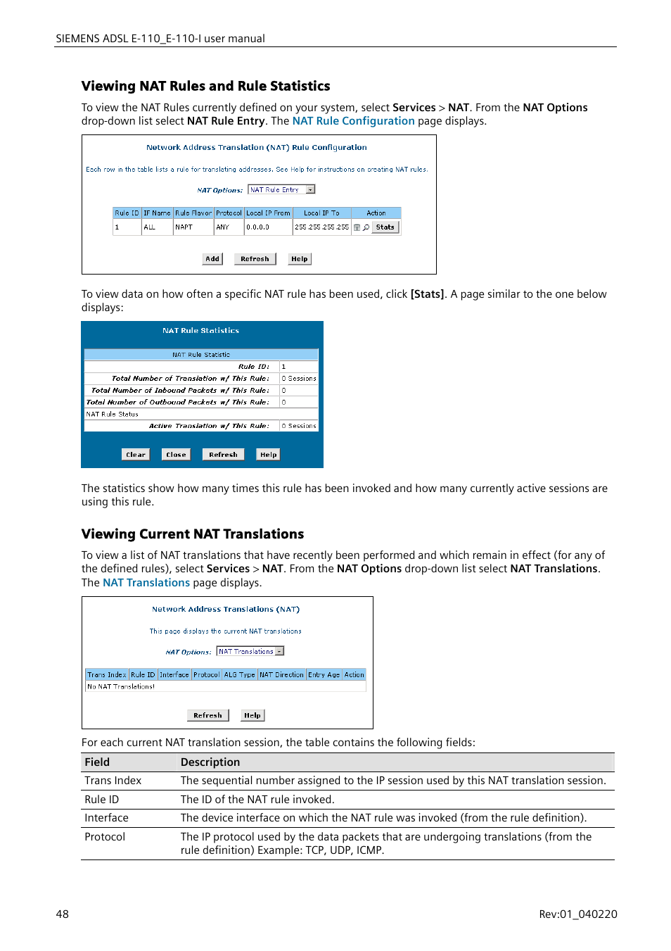 Viewing nat rules and rule statistics, Viewing current nat translations | Siemens E-110-I User Manual | Page 54 / 90