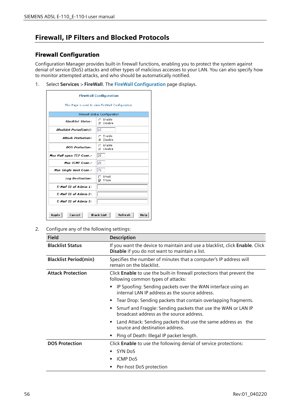 Firewall, ip filters and blocked protocols, Firewall configuration, Firewall configuration”) | Siemens E-110-I User Manual | Page 62 / 90