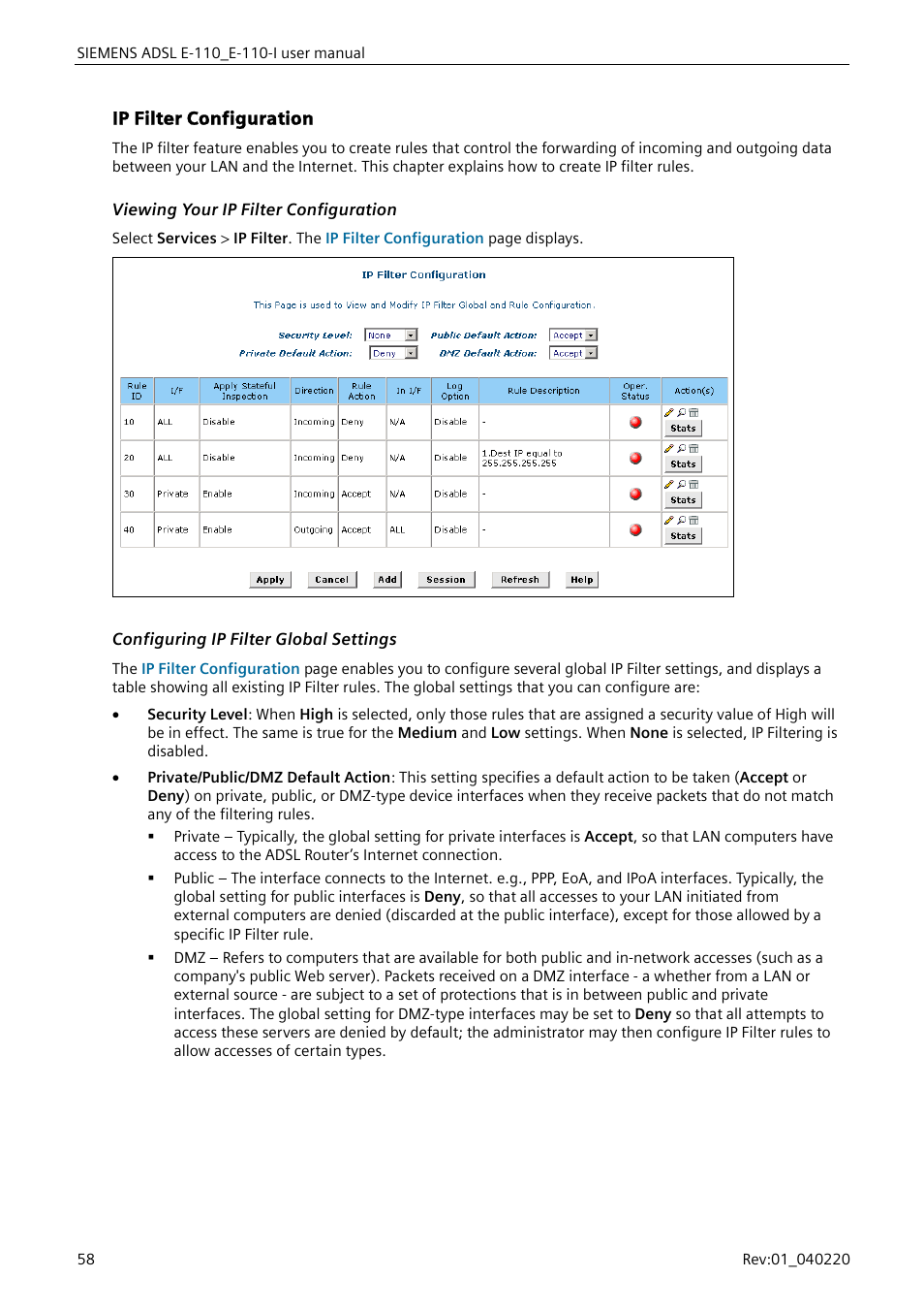 Ip filter configuration, Viewing your ip filter configuration, Configuring ip filter global settings | Ip filter configuration”) | Siemens E-110-I User Manual | Page 64 / 90