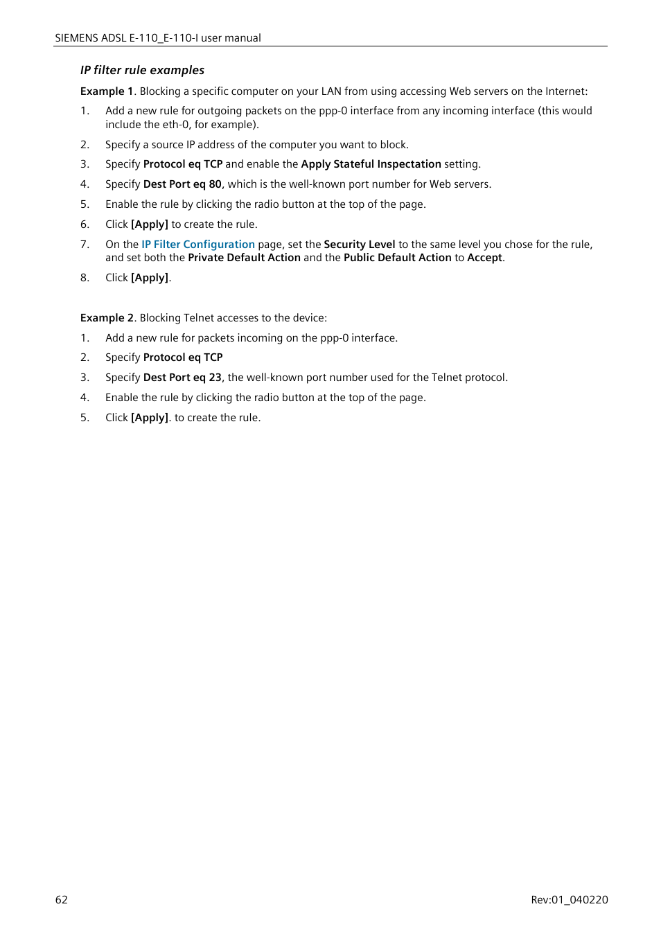 Ip filter rule examples | Siemens E-110-I User Manual | Page 68 / 90