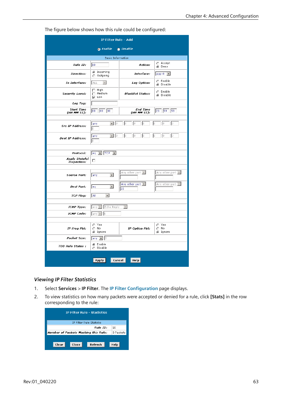 Viewing ip filter statistics | Siemens E-110-I User Manual | Page 69 / 90