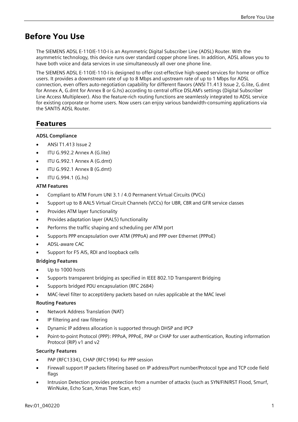 Before you use, Features | Siemens E-110-I User Manual | Page 7 / 90