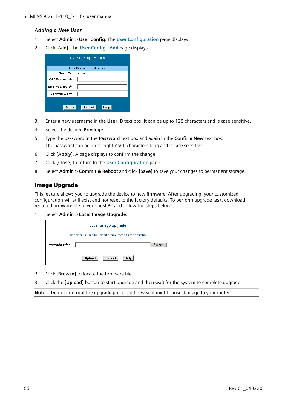 Adding a new user, Image upgrade, Image upgrade”) | Siemens E-110-I User Manual | Page 72 / 90