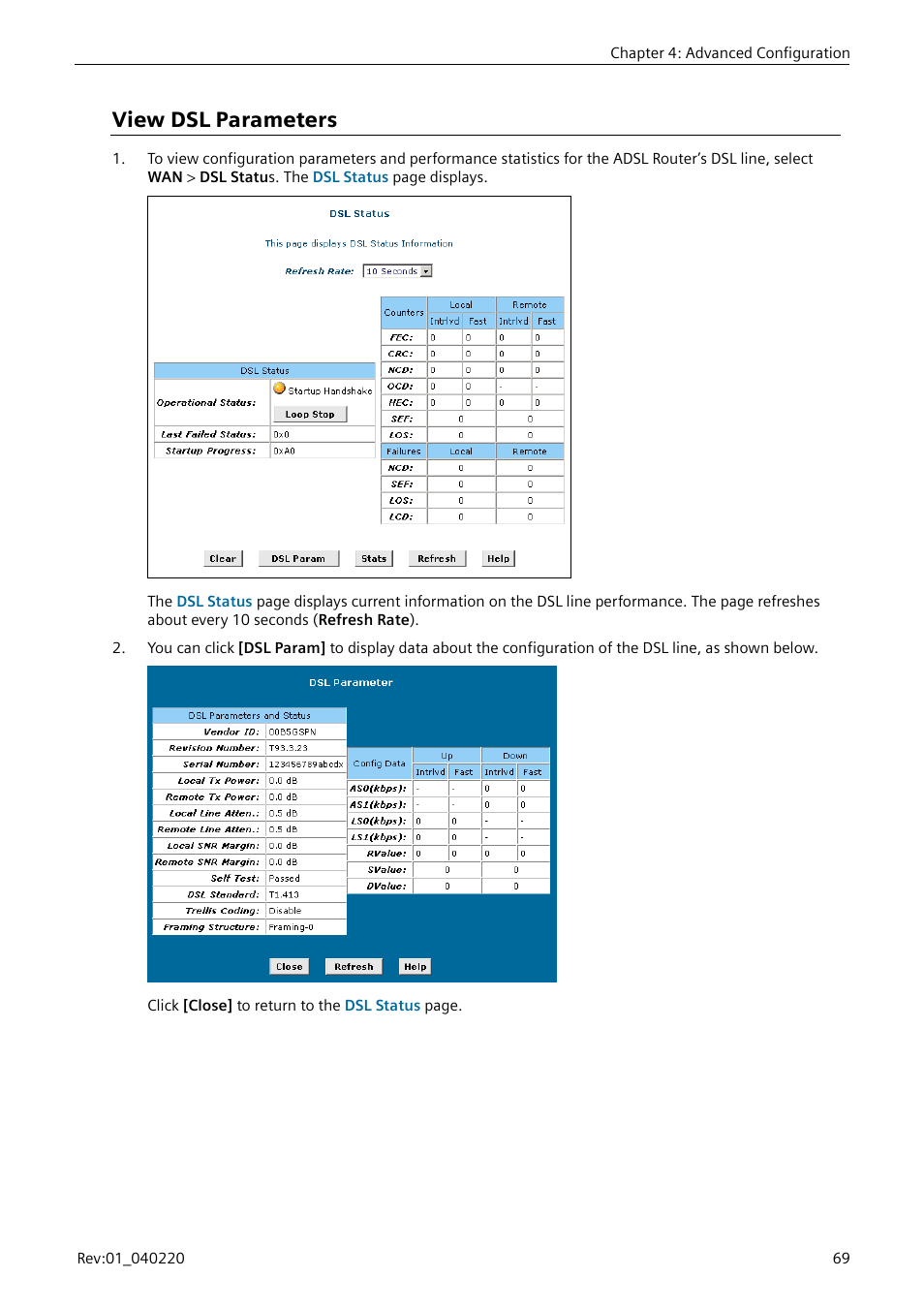 View dsl parameters, View dsl parameters”) | Siemens E-110-I User Manual | Page 75 / 90