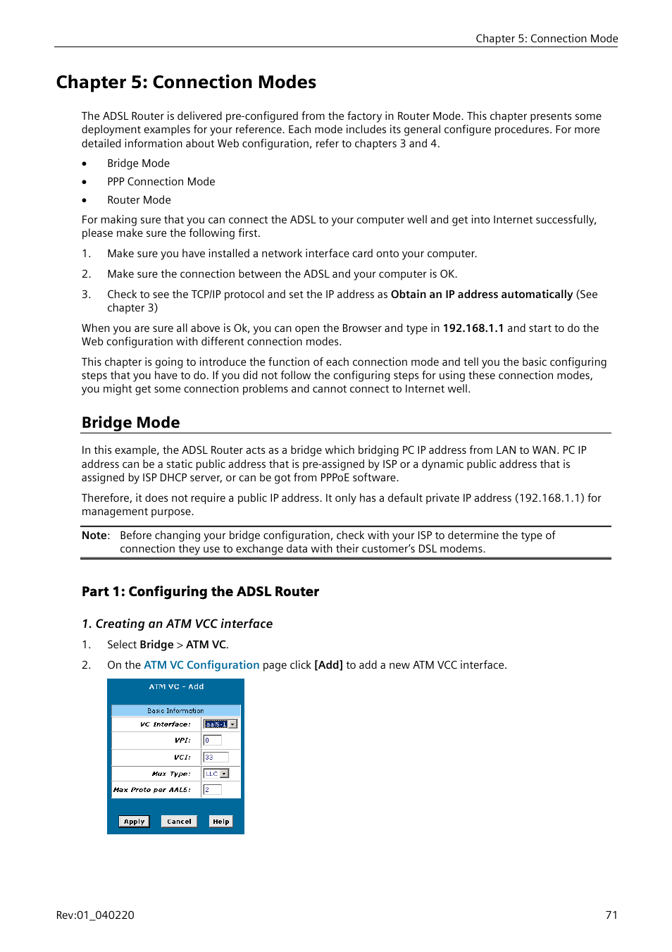 Chapter 5: connection modes, Bridge mode, Part 1: configuring the adsl router | Creating an atm vcc interface, Bridge mode”) | Siemens E-110-I User Manual | Page 77 / 90