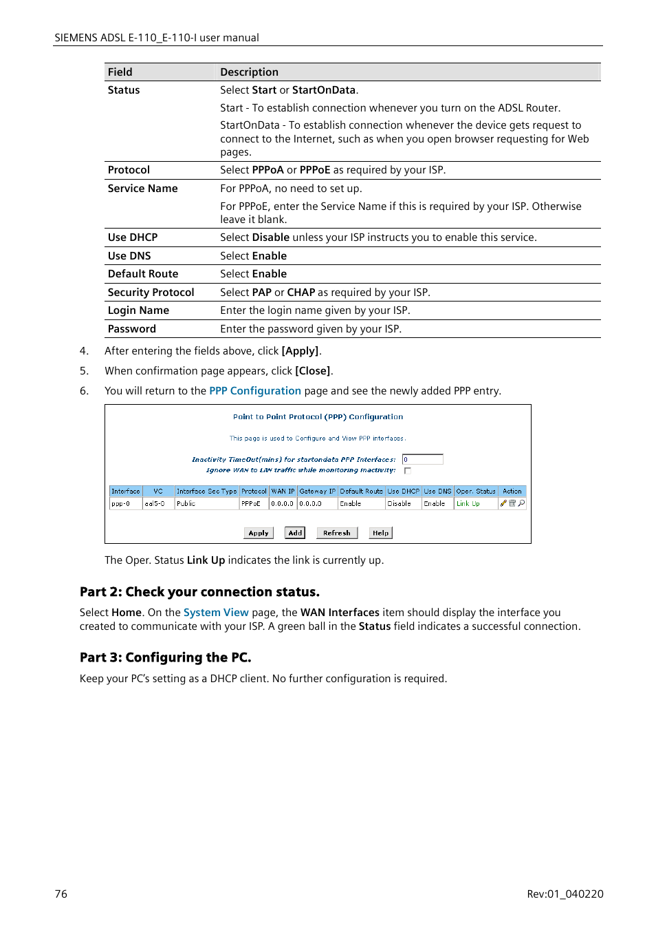 Part 2: check your connection status, Part 3: configuring the pc | Siemens E-110-I User Manual | Page 82 / 90