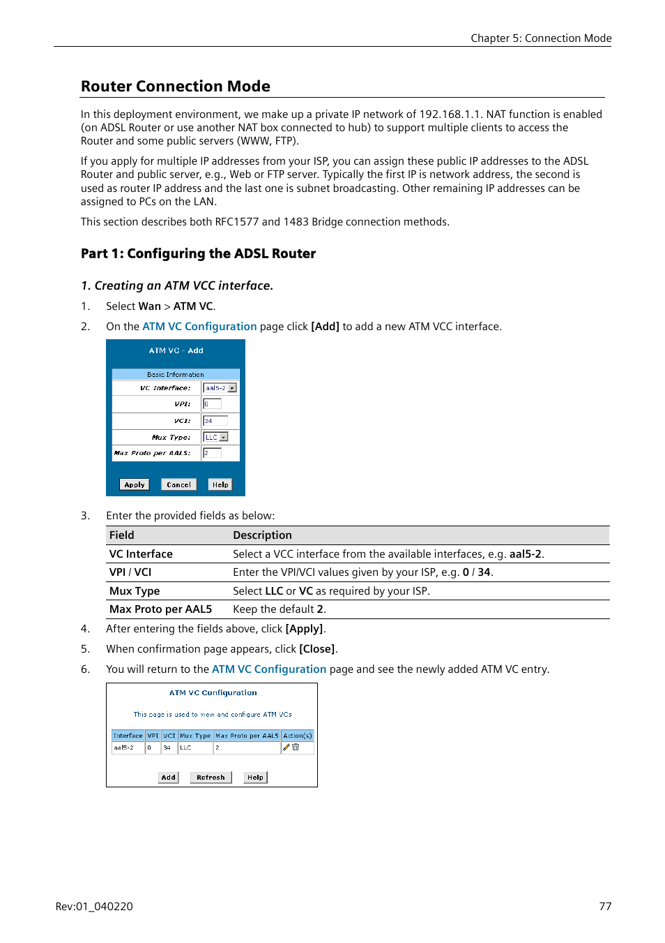 Router connection mode, Part 1: configuring the adsl router, Creating an atm vcc interface | Er to “router connection mode”) | Siemens E-110-I User Manual | Page 83 / 90