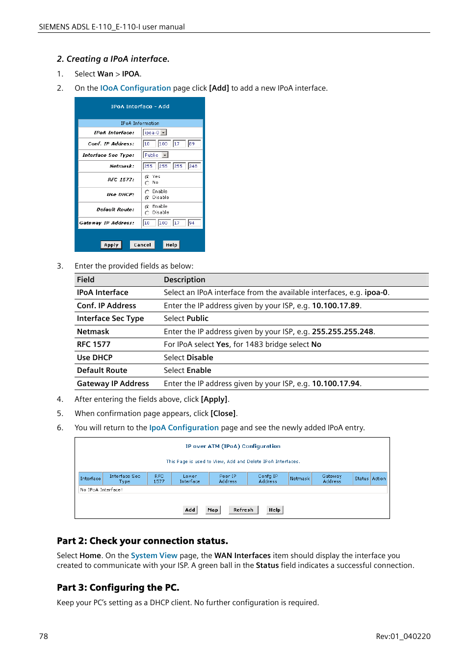 Creating a ipoa interface, Part 2: check your connection status, Part 3: configuring the pc | Siemens E-110-I User Manual | Page 84 / 90