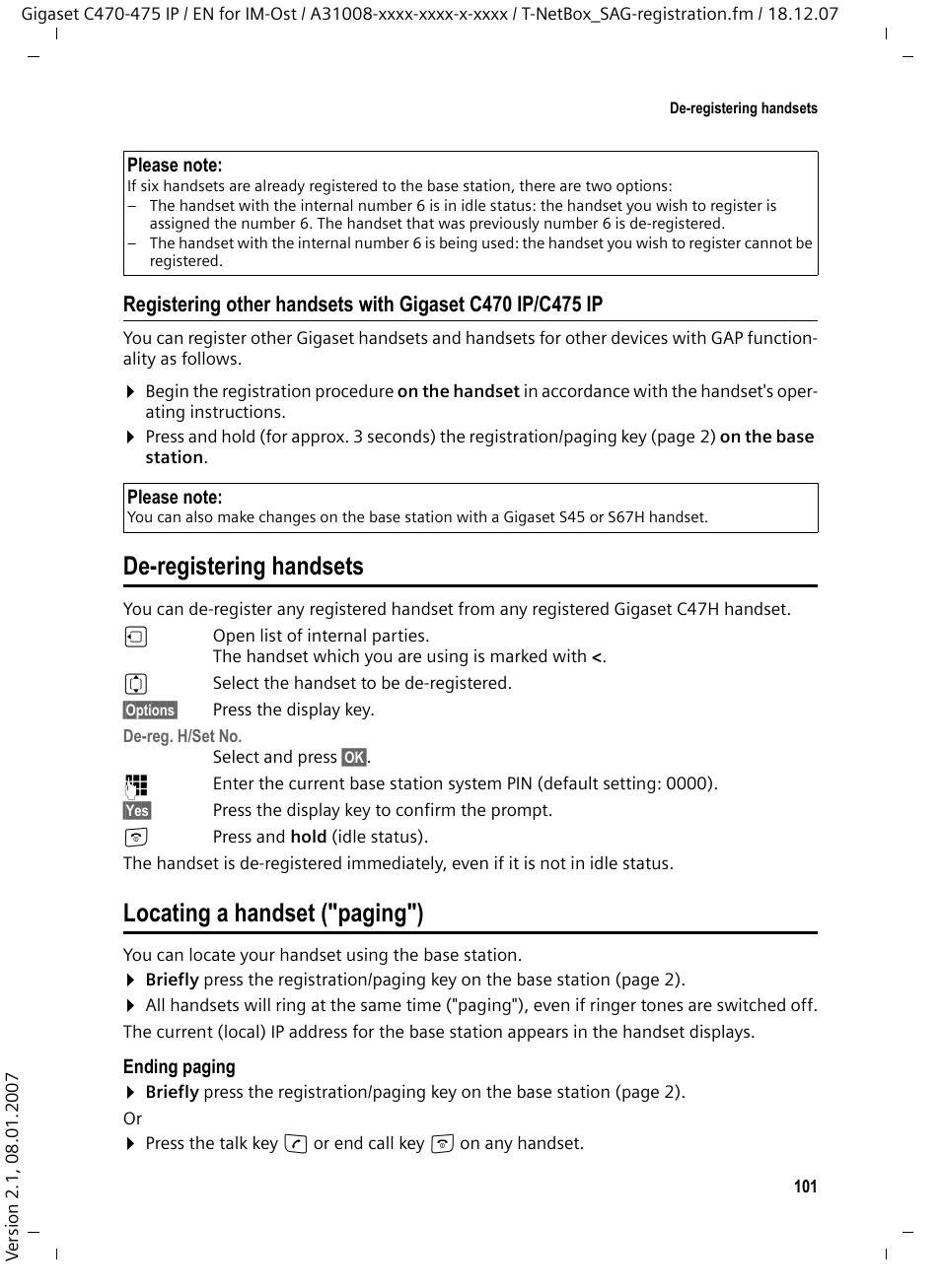 De-registering handsets, Locating a handset ("paging") | Siemens GIGASET C475 IP User Manual | Page 102 / 217