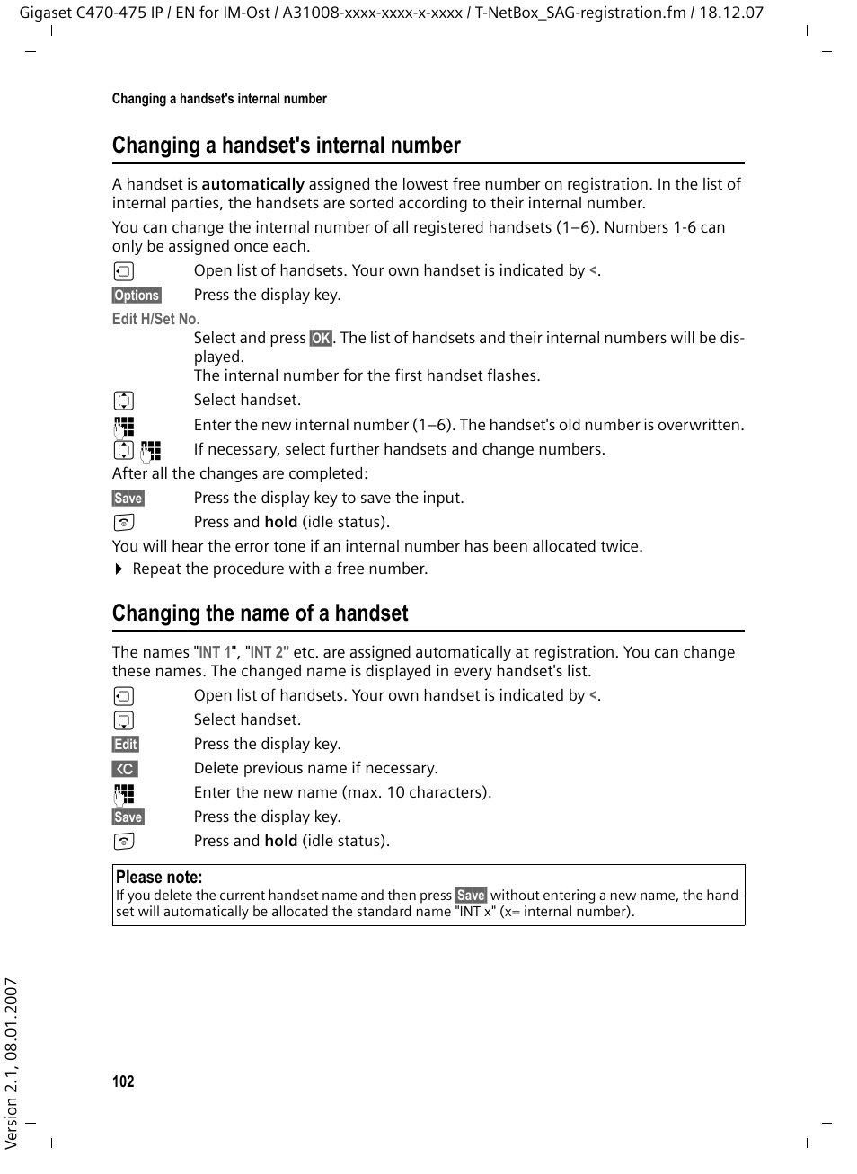 Changing a handset's internal number, Changing the name of a handset | Siemens GIGASET C475 IP User Manual | Page 103 / 217