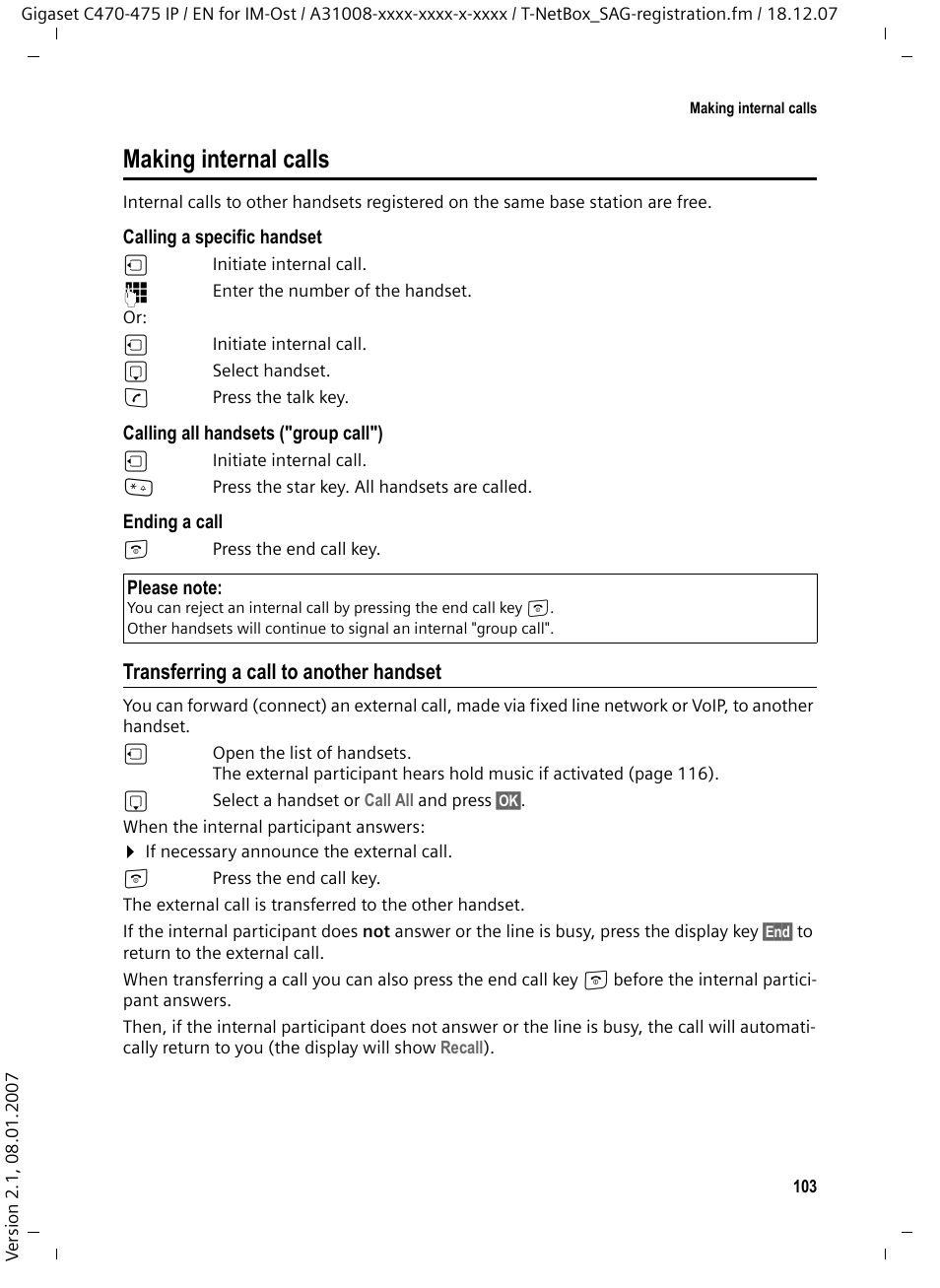 Making internal calls, Transferring a call to another handset | Siemens GIGASET C475 IP User Manual | Page 104 / 217