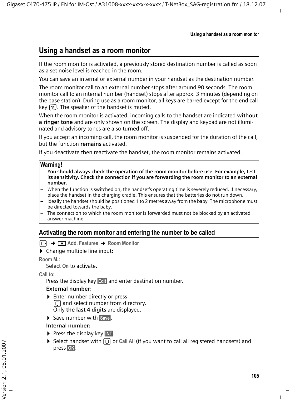 Using a handset as a room monitor | Siemens GIGASET C475 IP User Manual | Page 106 / 217