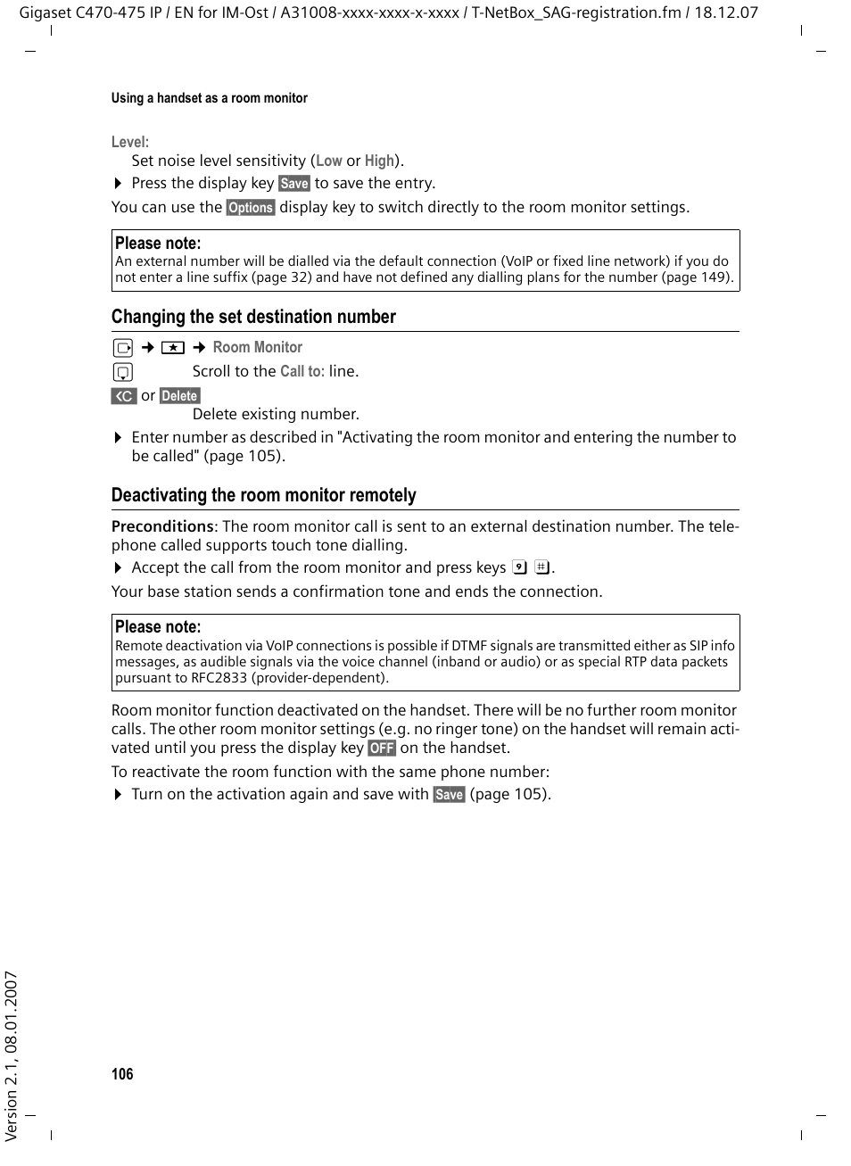 Changing the set destination number, Deactivating the room monitor remotely | Siemens GIGASET C475 IP User Manual | Page 107 / 217