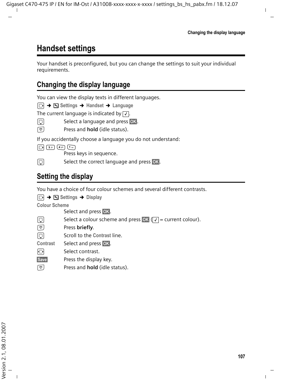 Handset settings, Changing the display language, Setting the display | Changing the display language setting the display | Siemens GIGASET C475 IP User Manual | Page 108 / 217