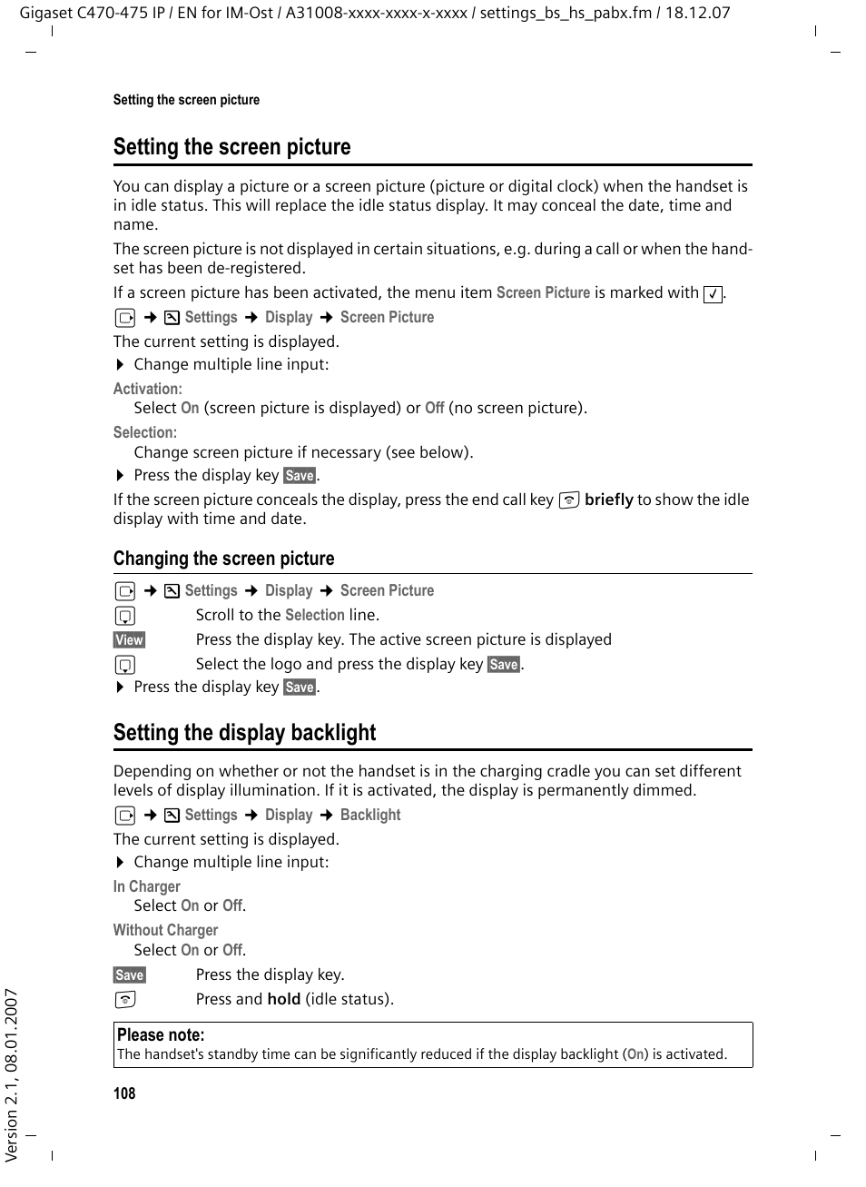 Setting the screen picture, Changing the screen picture, Setting the display backlight | Siemens GIGASET C475 IP User Manual | Page 109 / 217