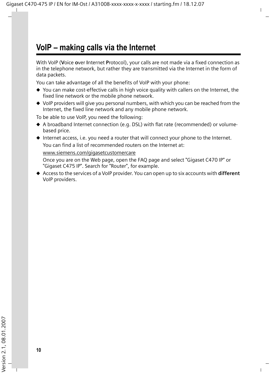 Voip - making calls via the internet, Voip – making calls via the internet | Siemens GIGASET C475 IP User Manual | Page 11 / 217