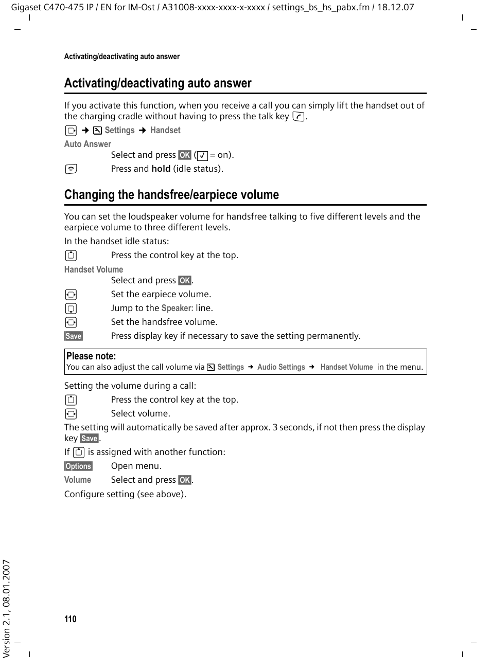 Activating/deactivating auto answer, Changing the handsfree/earpiece volume | Siemens GIGASET C475 IP User Manual | Page 111 / 217