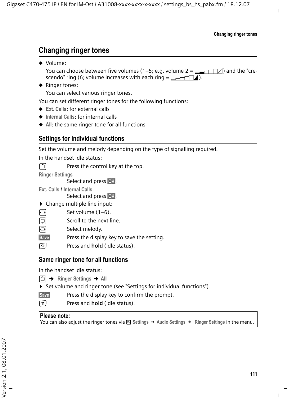 Changing ringer tones, Settings for individual functions, Same ringer tone for all functions | Siemens GIGASET C475 IP User Manual | Page 112 / 217