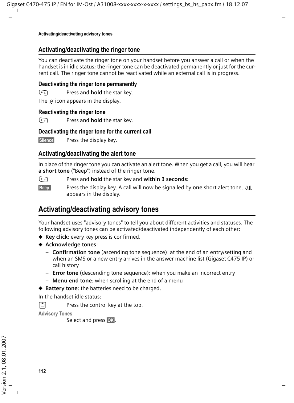 Activating/deactivating the alert tone, Activating/deactivating advisory tones, Activating/deactivating the ringer tone | Siemens GIGASET C475 IP User Manual | Page 113 / 217