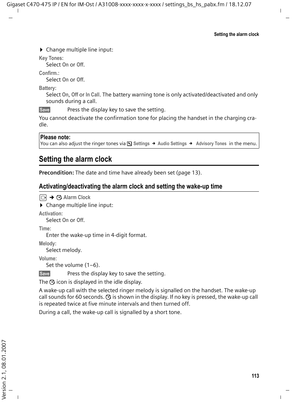 Setting the alarm clock | Siemens GIGASET C475 IP User Manual | Page 114 / 217