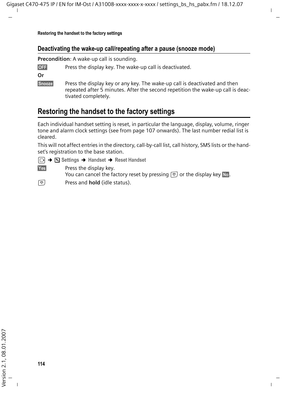 Restoring the handset to the factory settings | Siemens GIGASET C475 IP User Manual | Page 115 / 217