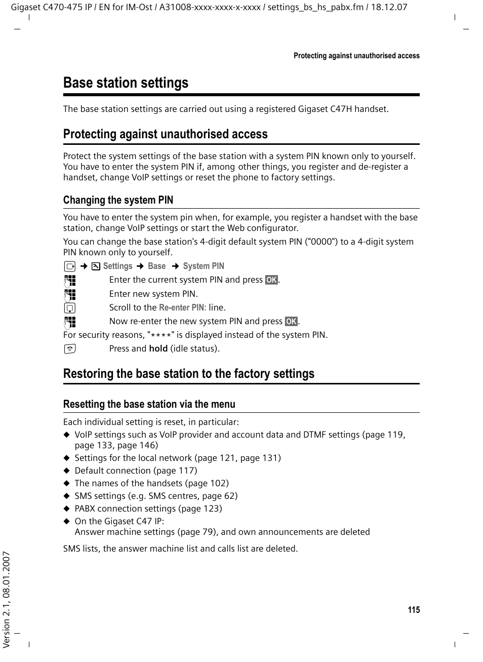 Base station settings, Protecting against unauthorised access, Changing the system pin | Restoring the base station to the factory settings, Resetting the base station via the menu | Siemens GIGASET C475 IP User Manual | Page 116 / 217