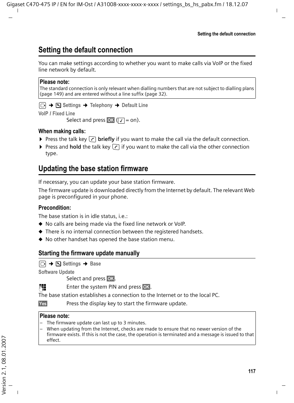 Setting the default connection, Updating the base station firmware, Starting the firmware update manually | Siemens GIGASET C475 IP User Manual | Page 118 / 217