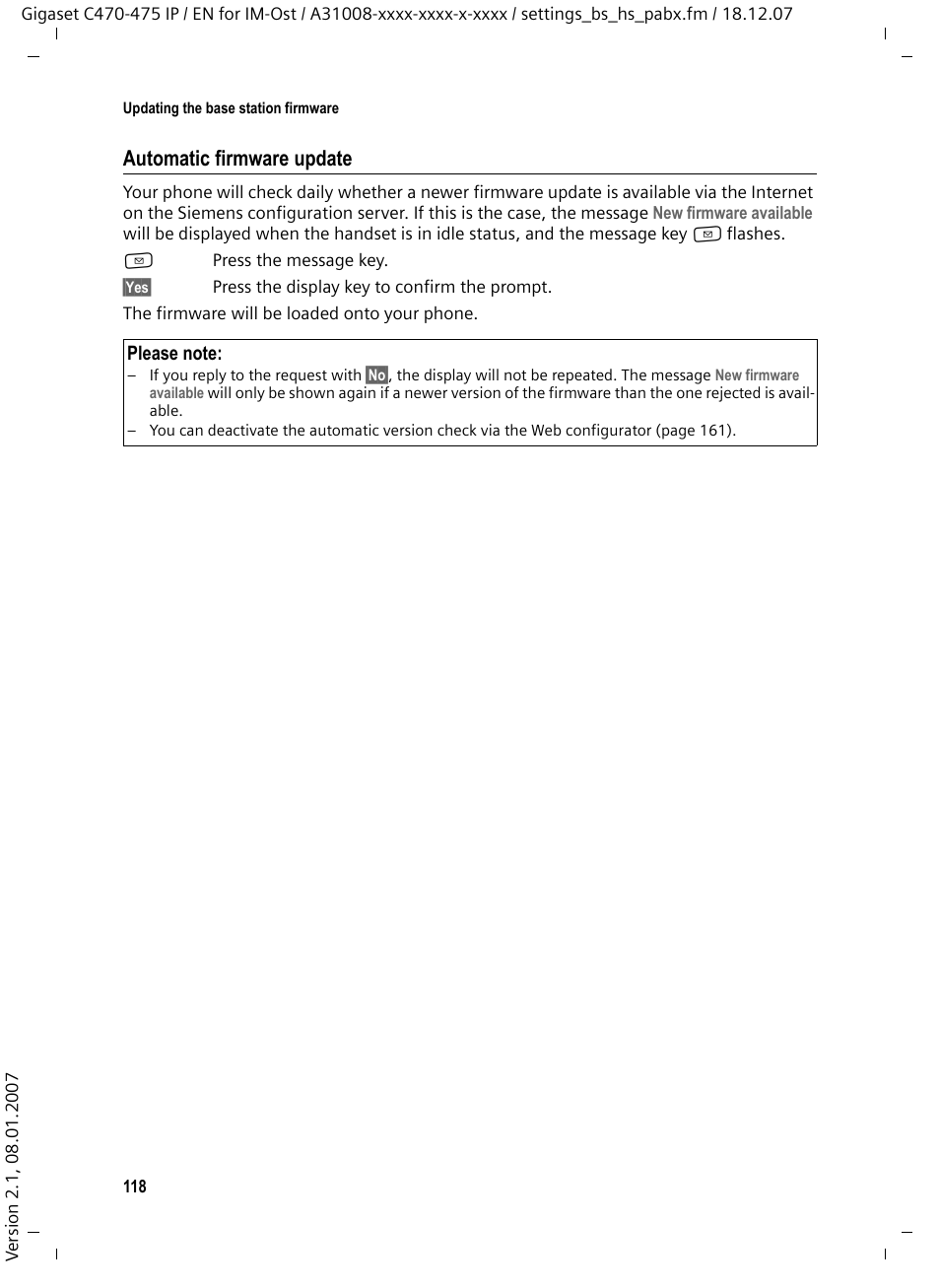 Automatic firmware update | Siemens GIGASET C475 IP User Manual | Page 119 / 217