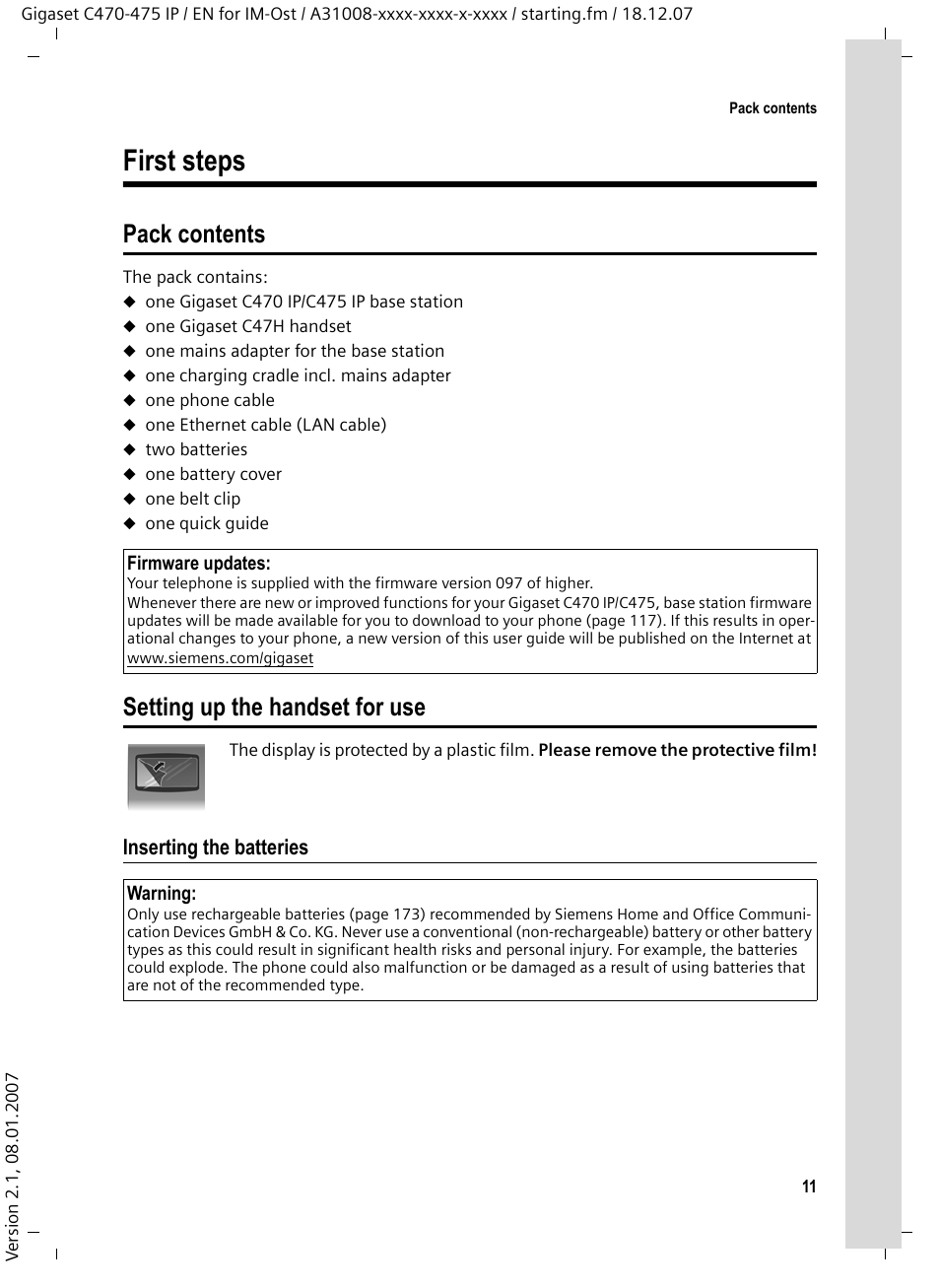 First steps, Pack contents, Setting up the handset for use | Inserting the batteries, Pack contents setting up the handset for use | Siemens GIGASET C475 IP User Manual | Page 12 / 217