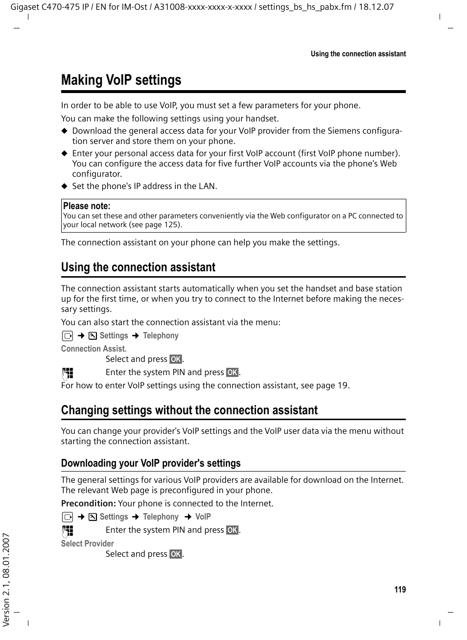 Making voip settings, Using the connection assistant, Changing settings without the connection assistant | Downloading your voip provider's settings | Siemens GIGASET C475 IP User Manual | Page 120 / 217