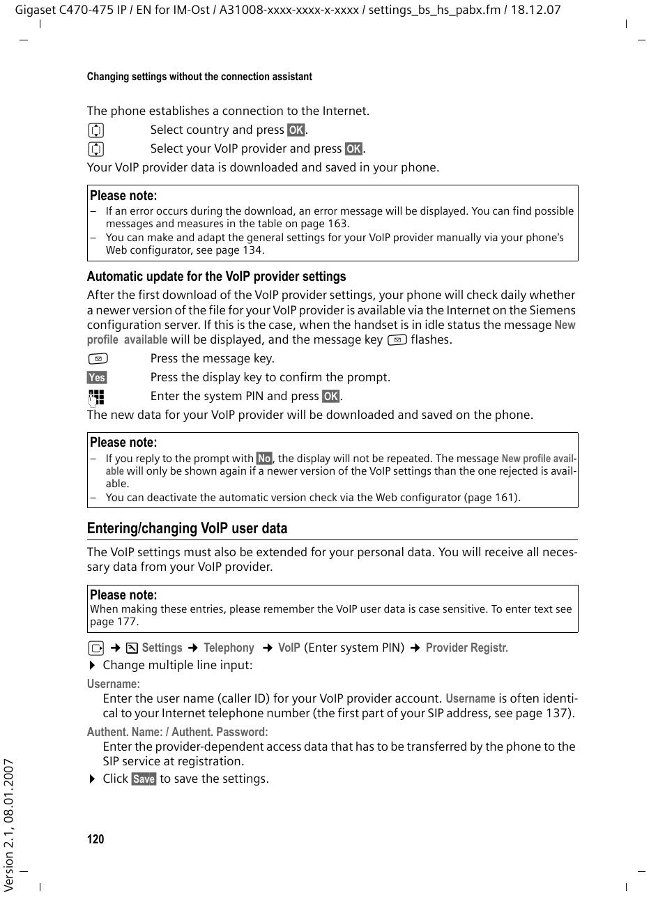 Entering/changing voip user data | Siemens GIGASET C475 IP User Manual | Page 121 / 217