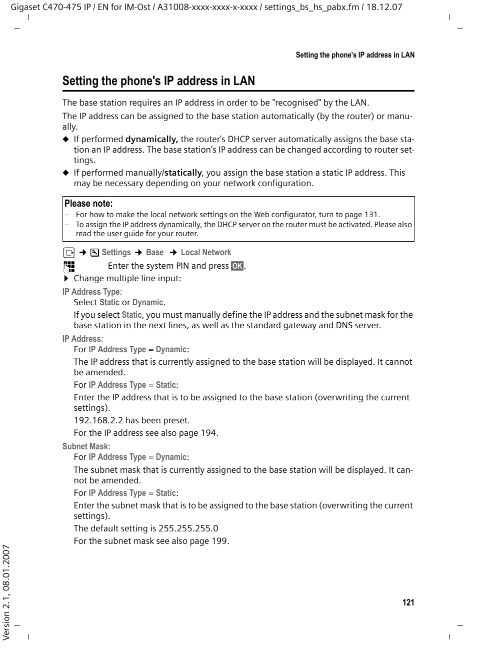 Setting the phone's ip address in lan | Siemens GIGASET C475 IP User Manual | Page 122 / 217