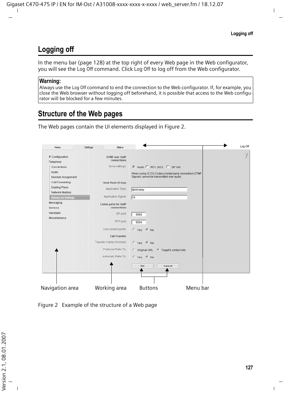 Logging off, Structure of the web pages | Siemens GIGASET C475 IP User Manual | Page 128 / 217