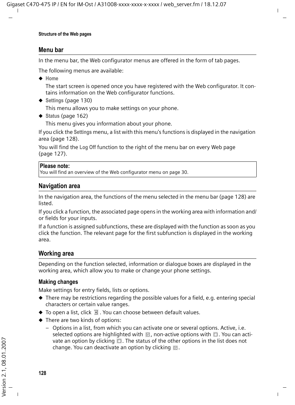 Navigation area, Working area, Menu bar | Siemens GIGASET C475 IP User Manual | Page 129 / 217