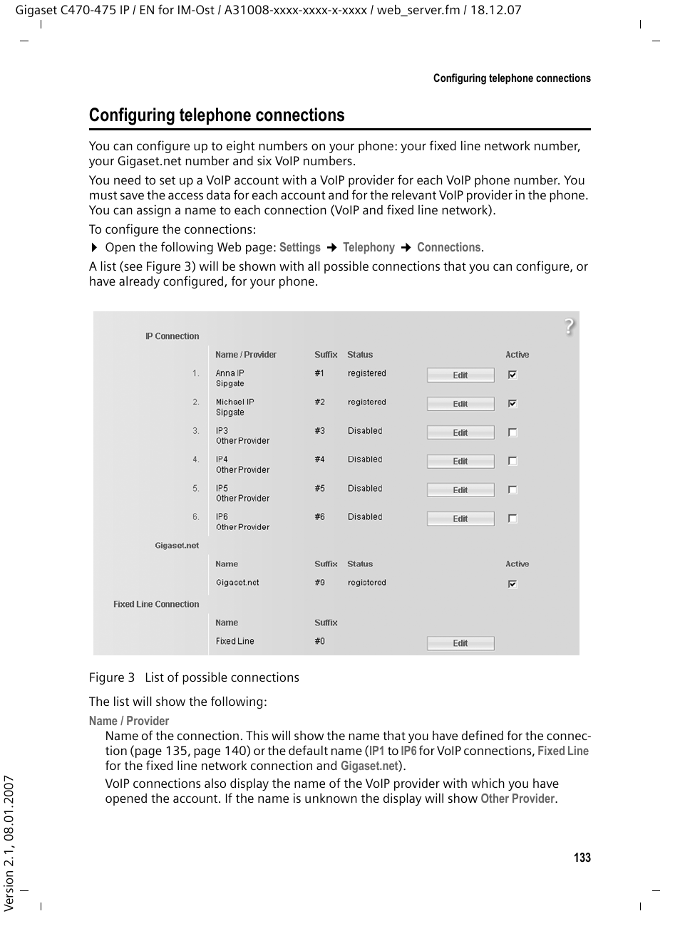 Configuring telephone connections | Siemens GIGASET C475 IP User Manual | Page 134 / 217