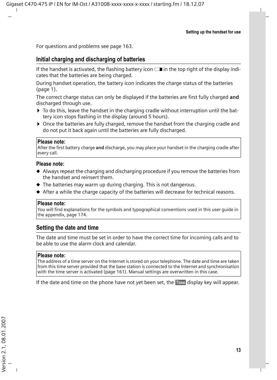 Initial charging and discharging of batteries, Setting the date and time | Siemens GIGASET C475 IP User Manual | Page 14 / 217